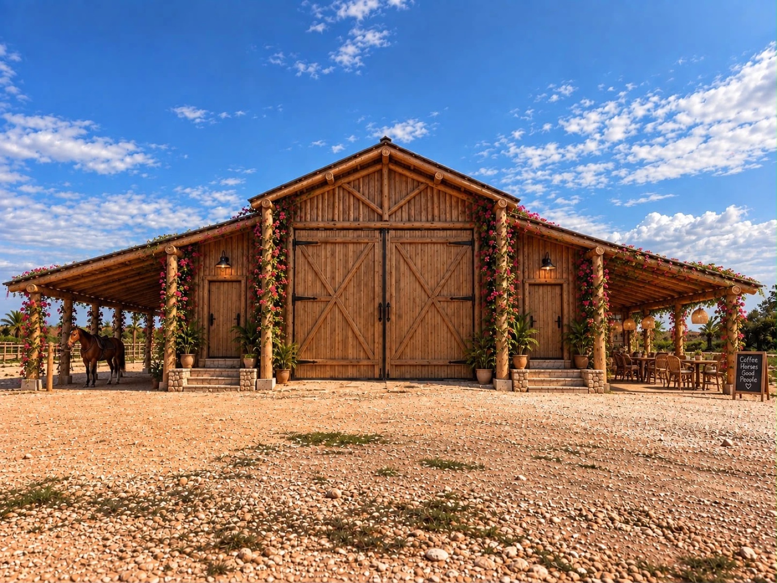 The main barn with tack shop, workshop and room for hay