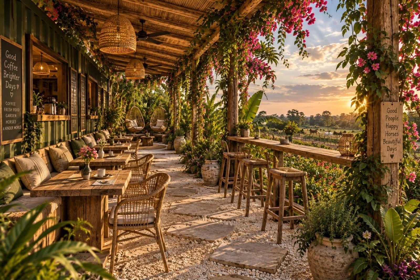 The café: coffee, fresh food and a view over the pastures